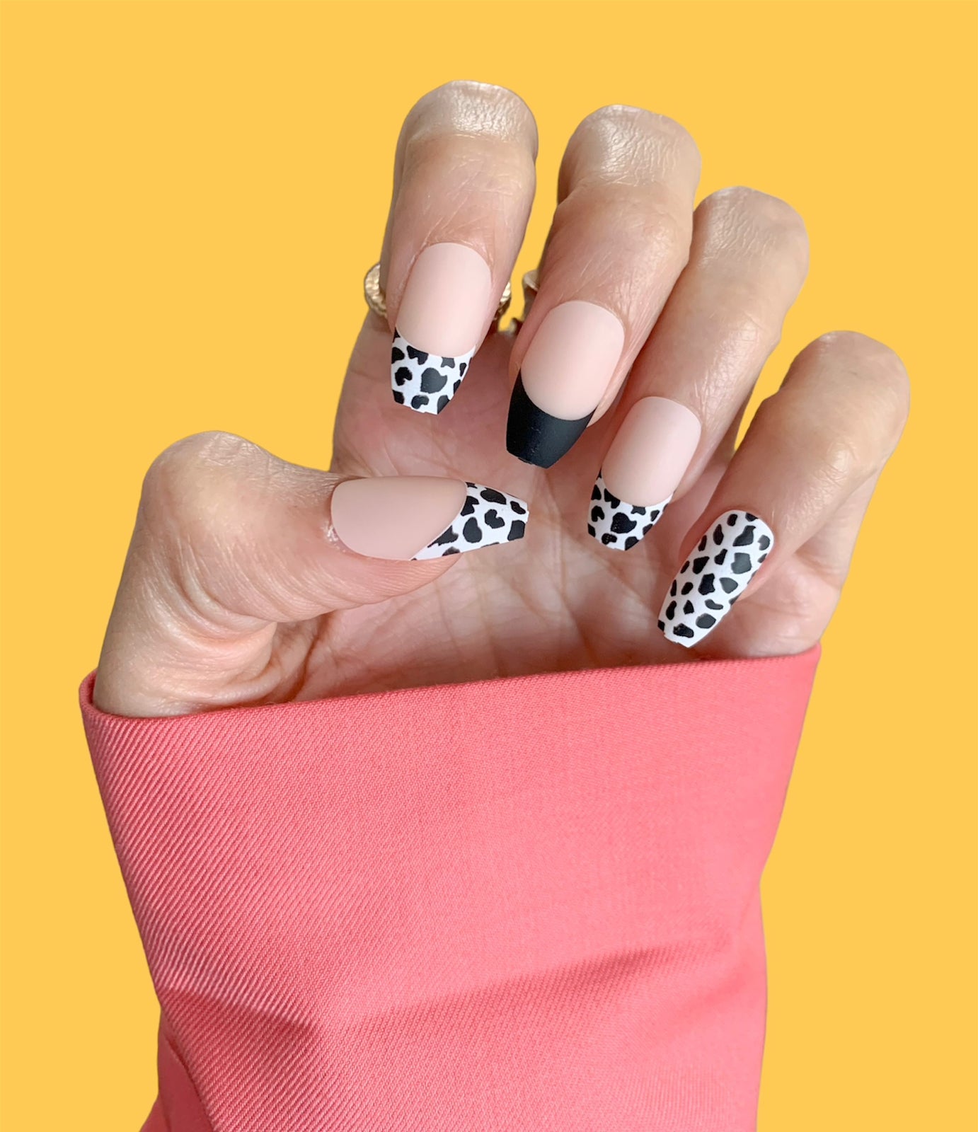 Sugarcoat Dalmatian print press-on nails with black and white spots